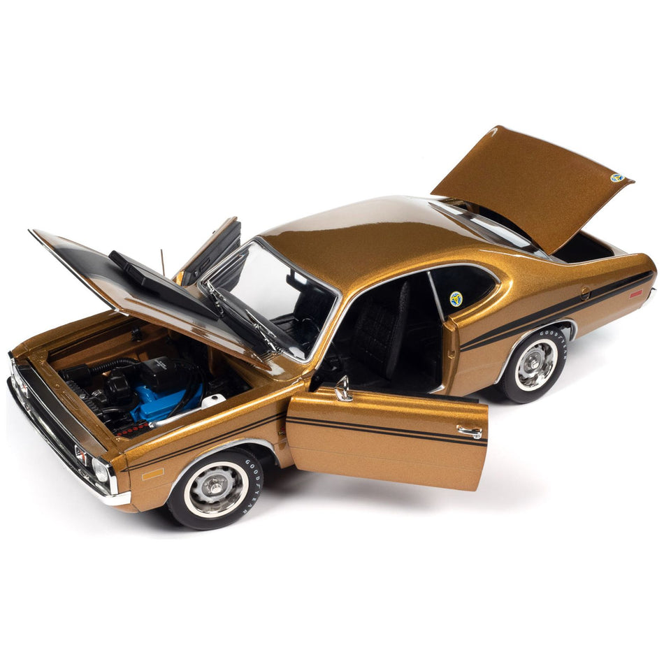 Mr Norm's 1972 Dodge Demon GSS SuperCharged Gold Metallic with Black Stripes and Hood "American Muscle" Series 1/18 Diecast Model Car by Auto World