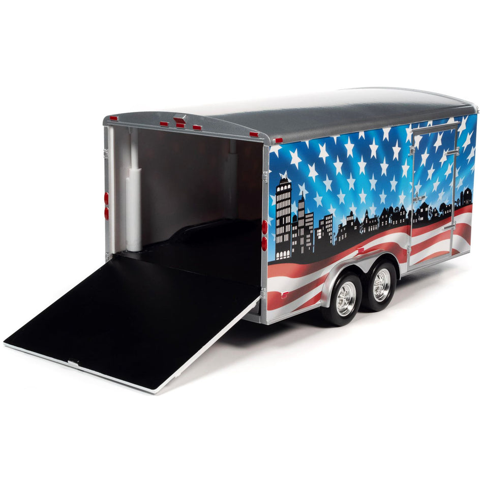 Four Wheel Enclosed Car Trailer Patriotic "Brave and Bold" with Graphics for 1/18 Scale Model Cars by Auto World