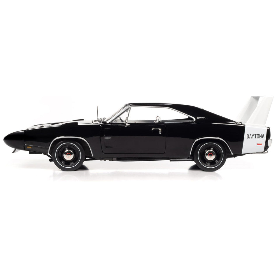 1969 Dodge Charger Daytona X9 Black with White Interior and Tail Stripe "American Muscle" Series 1/18 Diecast Model Car by Auto World