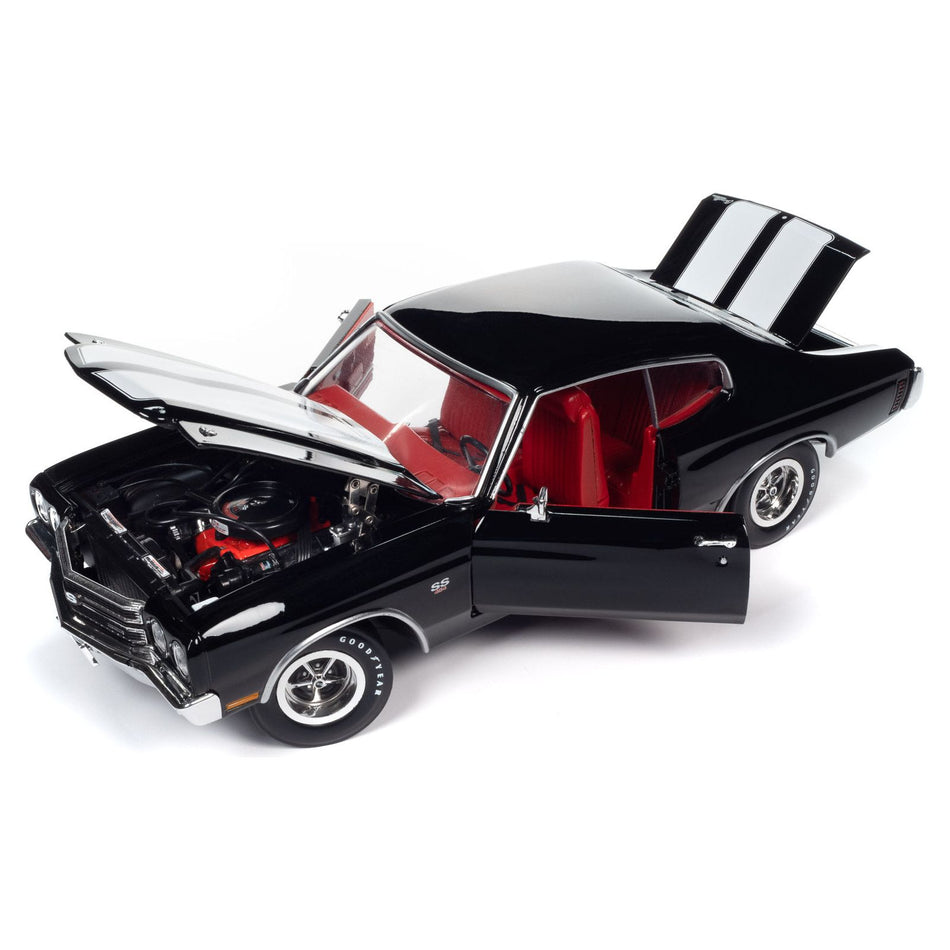 1970 Chevrolet Chevelle SS Tuxedo Black with White Stripes and Red Interior "Hemmings Muscle Machines Magazine Cover Car" (May 2011) "American Muscle" Series 1/18 Diecast Model Car by Auto World