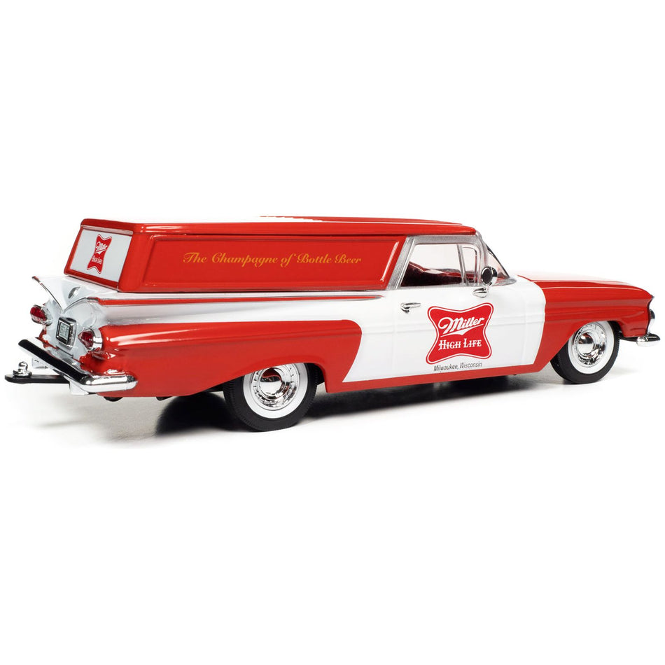 1959 Chevrolet Sedan Delivery Car Red and White "Miller High Life: The Champagne of Beers" 1/24 Diecast Model Car by Auto World