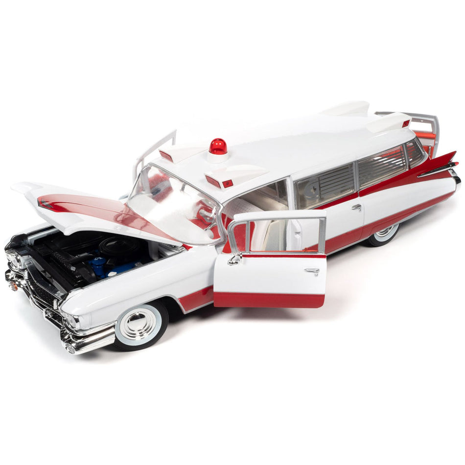 1959 Cadillac Eldorado Ambulance Red and White 1/18 Diecast Model by Auto World