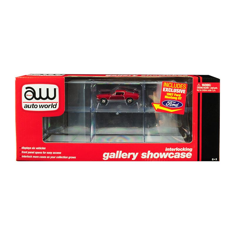 6 Car Interlocking Acrylic Display Show Case with 1967 Ford Mustang GT Red for 1/64 Scale Model Cars by Auto World