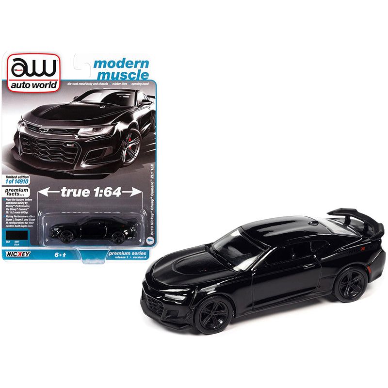 2019 Chevrolet Camaro Nickey ZL1 1LE Black with Matt Black Hood and Stripes "Modern Muscle" Limited Edition to 14910 pieces Worldwide 1/64 Diecast Model Car by Auto World