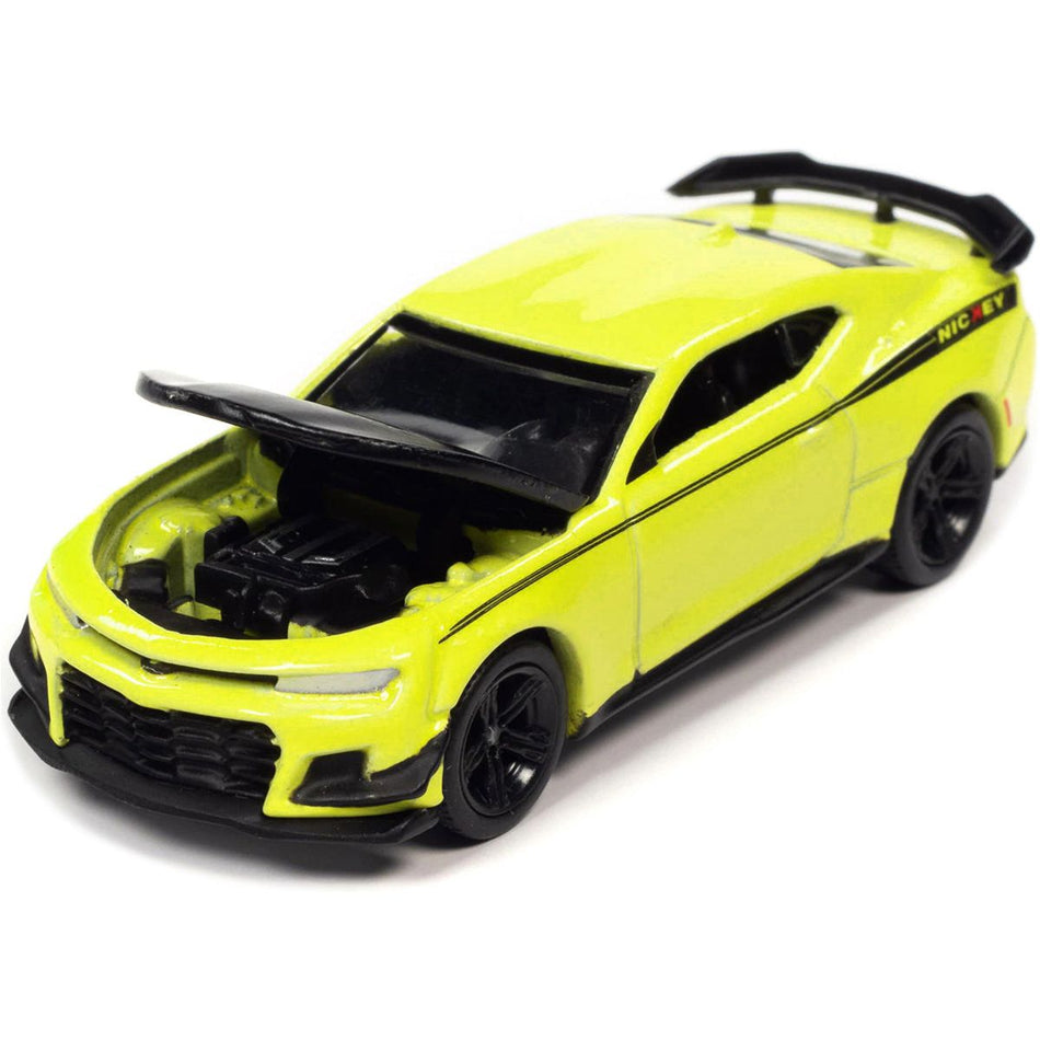 2019 Chevrolet Camaro Nickey ZL1 1LE Shock Yellow with Matt Black Hood and Stripes "Modern Muscle" Limited Edition to 14670 pieces Worldwide 1/64 Diecast Model Car by Auto World