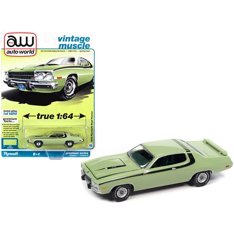 1973 Plymouth Road Runner 440 Mist Green with Black Stripes and Green Interior "Vintage Muscle" Limited Edition to 14910 pieces Worldwide 1/64 Diecast Model Car by Auto World