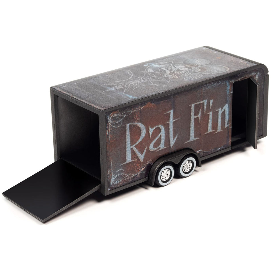 4-Wheel Enclosed Car Trailer Dark Gray with Graphics "Rat Fink" 1/64 Diecast Model by Auto World