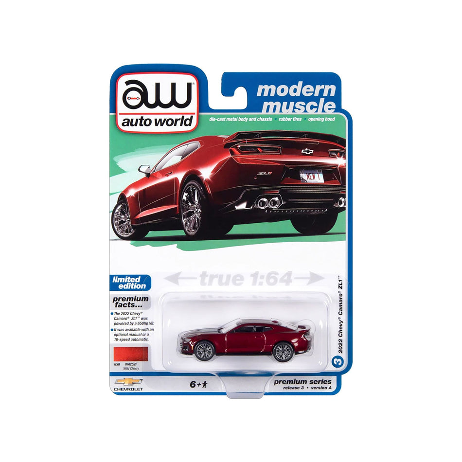 2022 Chevrolet Camaro ZL1 Wild Cherry Red Metallic "Modern Muscle" Limited Edition 1/64 Diecast Model Car by Auto World