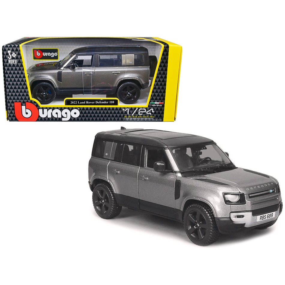 2022 Land Rover Defender 110 Dark Silver Metallic with Black Top and Sunroof 1/24 Diecast Model Car by Bburago