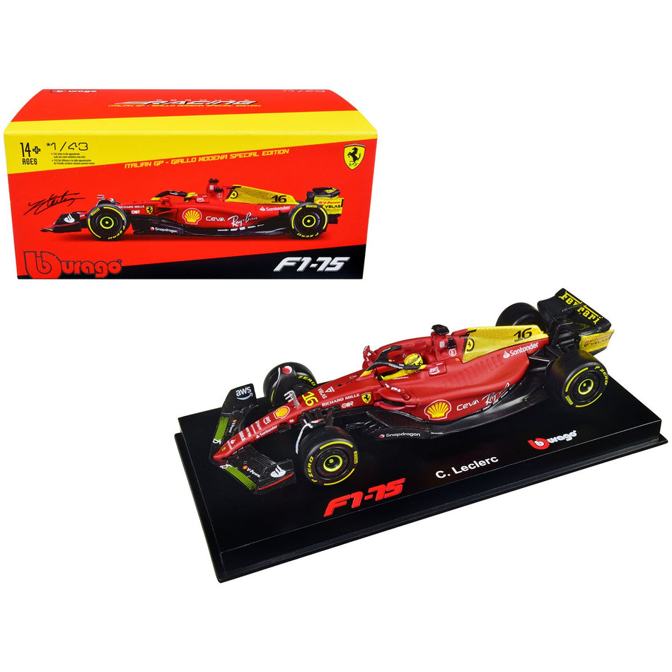 Ferrari F1-75 #16 Charles Leclerc "Giallo Modena" 2nd Place Formula One F1 Italian GP (2022) "Formula Racing" Series with Display Case 1/43 Diecast Model Car by Bburago