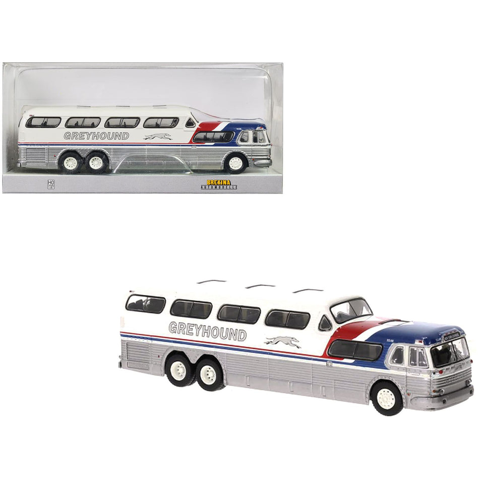 1956 GMC PD-4501 Scenicruiser Bus Silver and White with Blue and Red Stripes "Greyhound" 1/87 (HO) Scale Model Car by Brekina