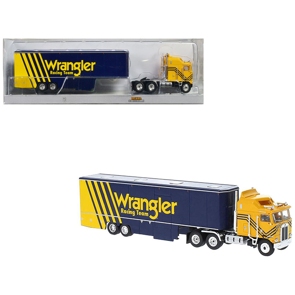 1980 Kenworth K-100 COE Aerodyne Transporter Yellow and Blue "Wrangler Racing Team" 1/87 (HO) Scale Model Car by Brekina