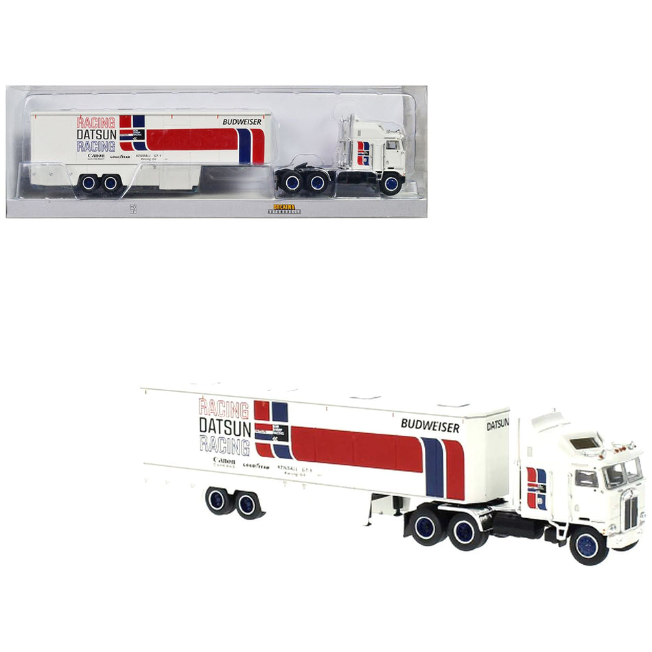 1980 Kenworth K-100 COE Aerodyne Transporter White "Datsun Racing" 1/87 (HO) Scale Model Car by Brekina