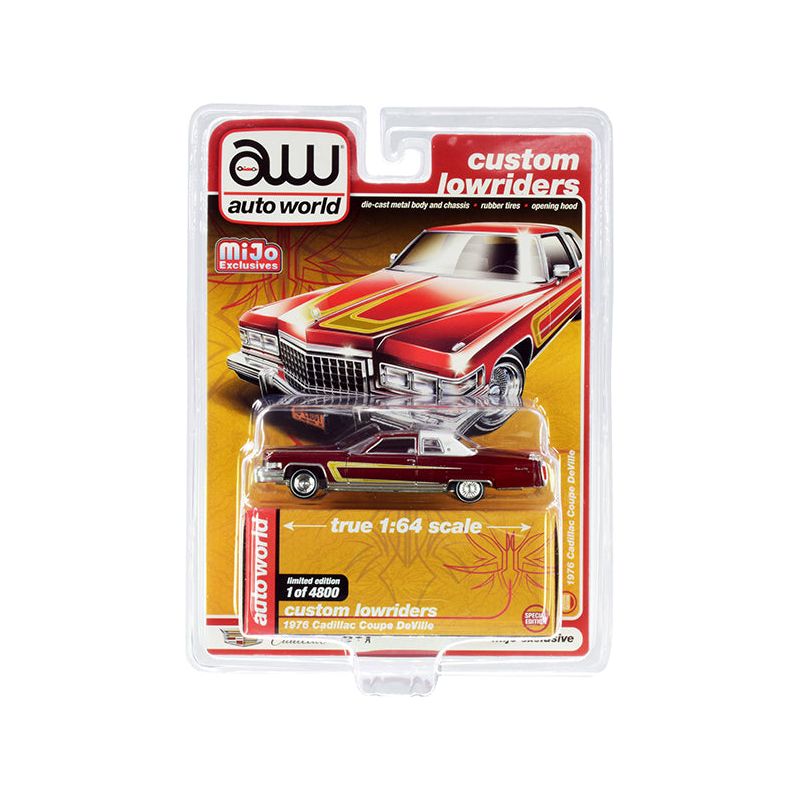 1976 Cadillac Coupe DeVille Burgundy and White with Chrome Wheels "Custom Lowriders" Limited Edition to 4800 pieces Worldwide 1/64 Diecast Model Car by Auto World