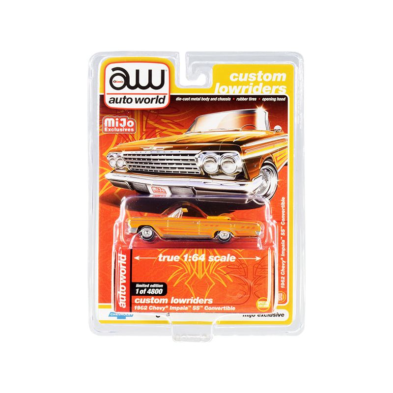 1962 Chevrolet Impala SS Convertible Yellow with Graphics "Custom Lowriders" Limited Edition to 4800 pieces Worldwide 1/64 Diecast Model Car by Auto World