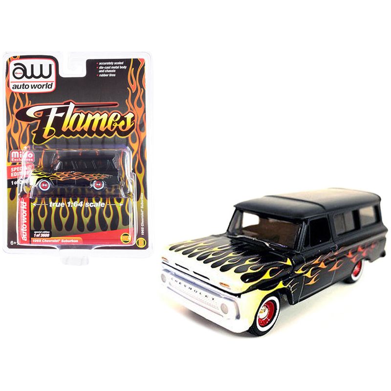 1965 Chevrolet Suburban Custom Matt Black with Flames Limited Edition to 3600 pieces Worldwide 1/64 Diecast Model Car by Auto World