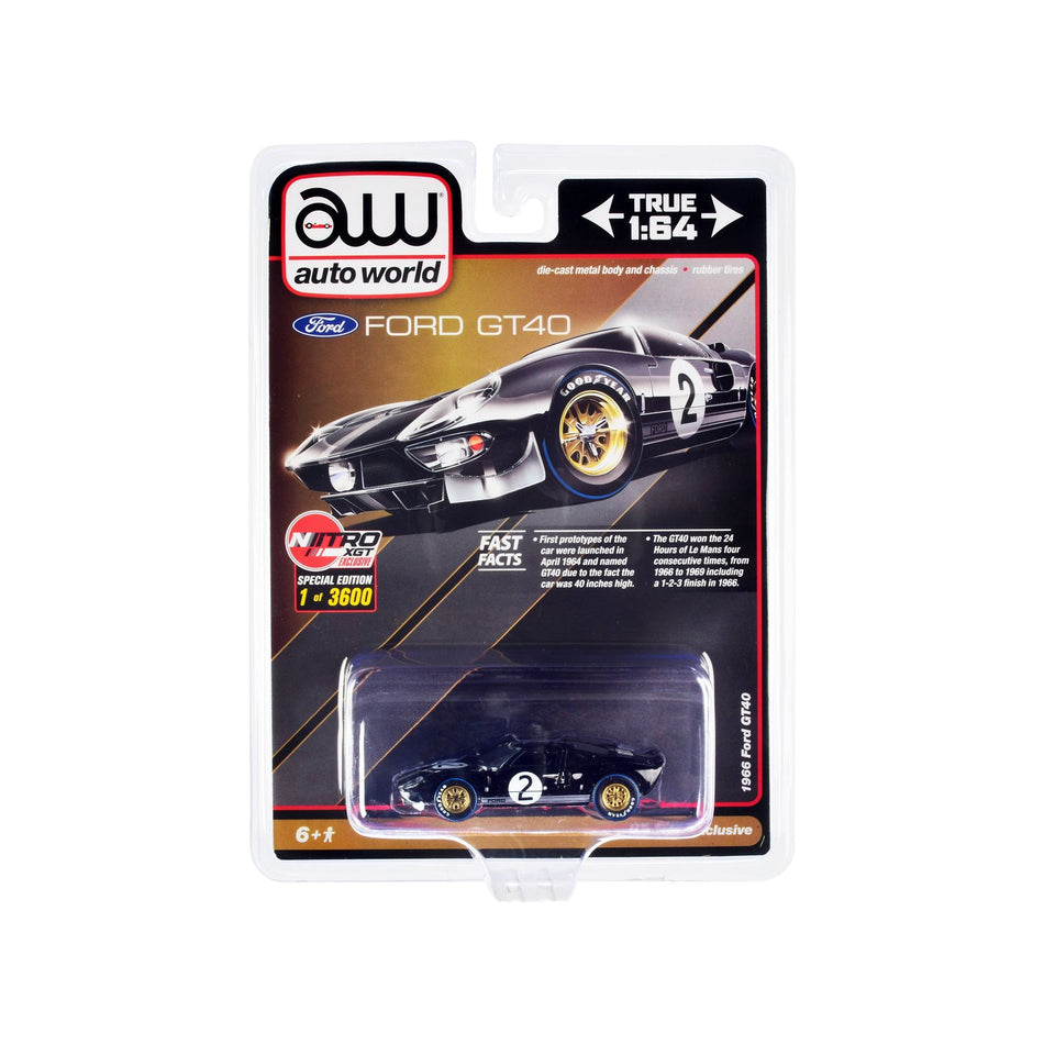 1966 Ford GT40 RHD (Right Hand Drive) #2 Black with Silver Stripes Limited Edition to 3600 pieces Worldwide 1/64 Diecast Model Car by Auto World