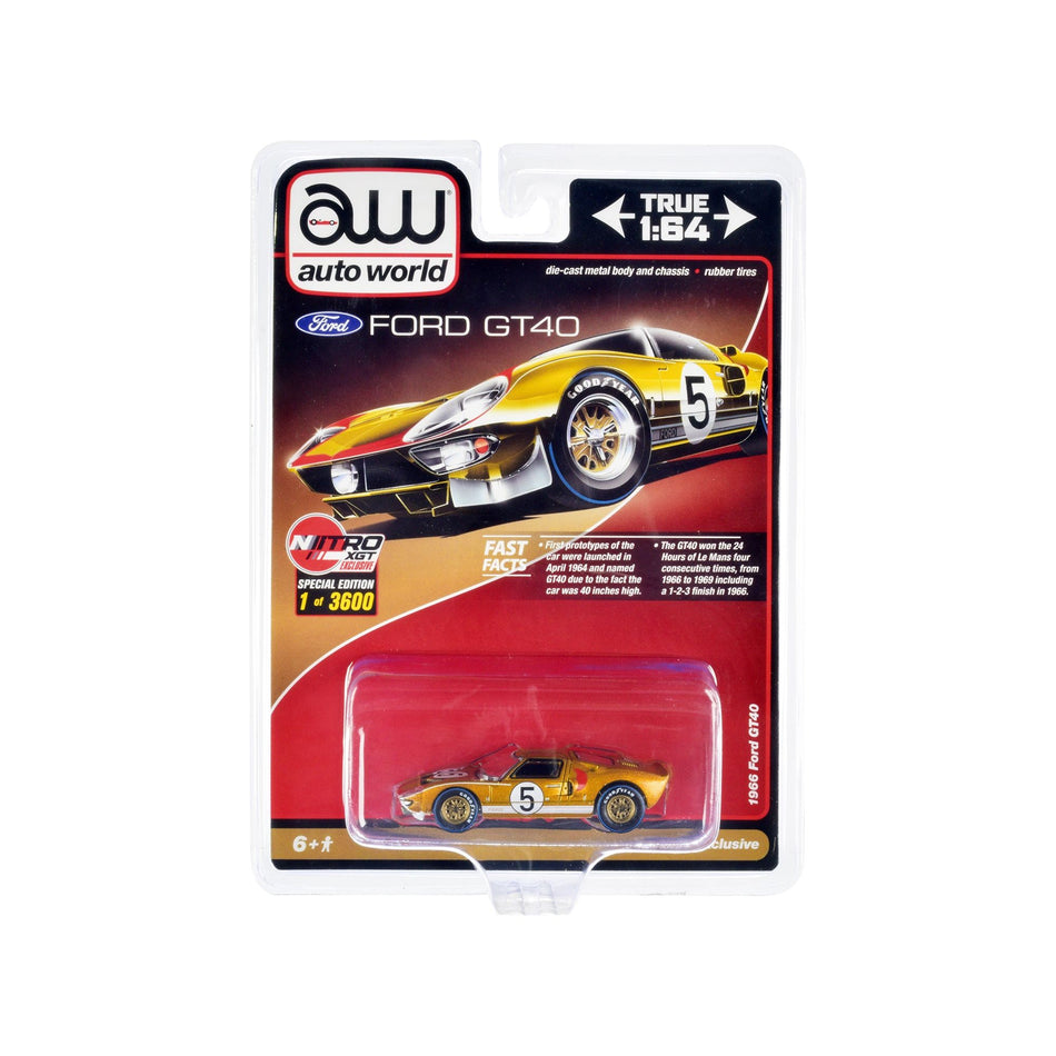 1966 Ford GT40 RHD (Right Hand Drive) #5 Gold with Graphics Limited Edition to 3600 pieces Worldwide 1/64 Diecast Model Car by Auto World