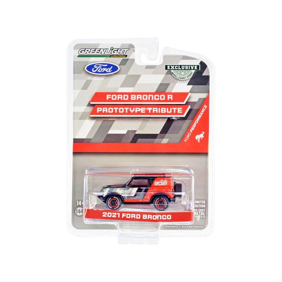 2021 Ford Bronco "Ford Performance Ford Bronco R Prototype Tribute" Edition Black and Orange with Graphics and Roof Rack "Hobby Exclusive" Series 1/64 Diecast Model Car by Greenlight