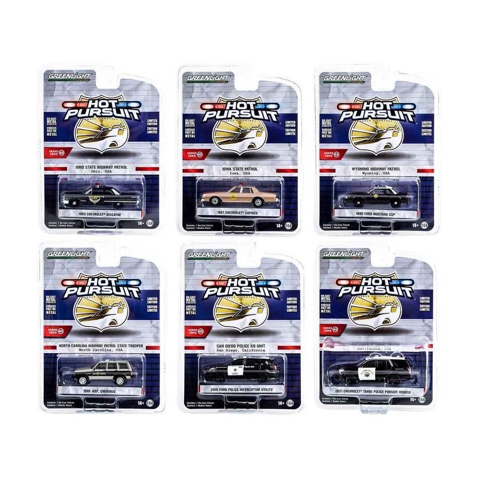 "Hot Pursuit" Set of 6 Police Cars Series 43 1/64 Diecast Model Cars by Greenlight