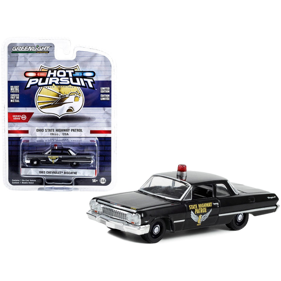 1963 Chevrolet Biscayne Black "Ohio State Highway Patrol" "Hot Pursuit" Series 43 1/64 Diecast Model Car by Greenlight