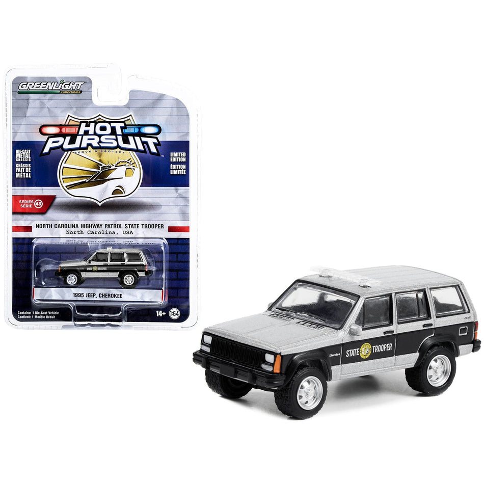 1995 Jeep Cherokee Black and Silver Metallic "North Carolina Highway Patrol State Trooper" "Hot Pursuit" Series 43 1/64 Diecast Model Car by Greenlight