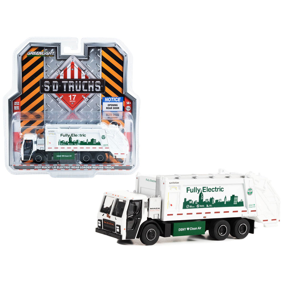 2021 Mack LR Electric Rear Loader Refuse Truck White "New York City Department of Sanitation (DSNY) Fully Electric" "S.D. Trucks" Series 17 1/64 Diecast Model Car by Greenlight