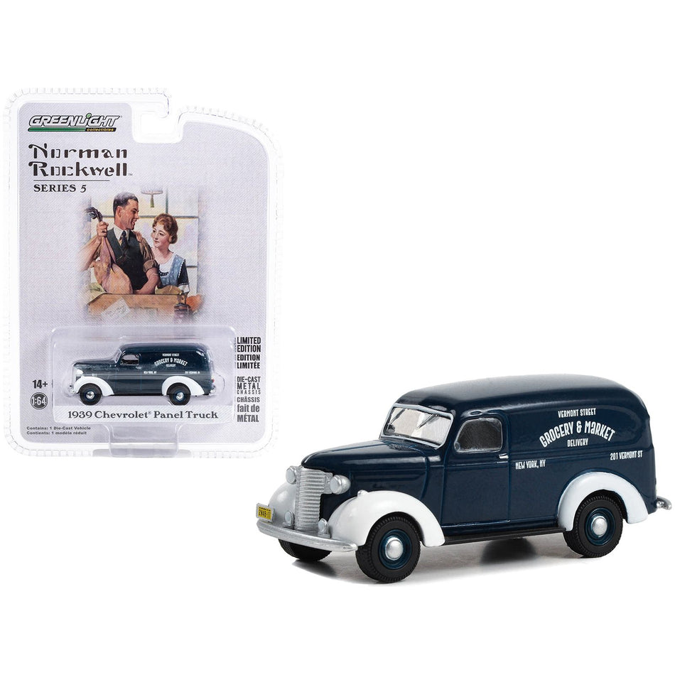 1939 Chevrolet Panel Truck Dark Blue with White Fenders "Grocery & Market Delivery" "Norman Rockwell" Series 5 1/64 Diecast Model Car by Greenlight