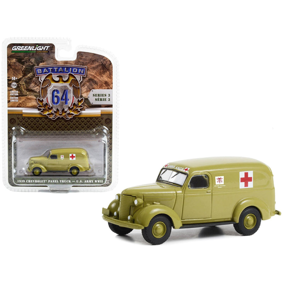 1939 Chevrolet Panel Truck Ambulance "U.S. Army World War II" Green "Battalion 64" Series 3 1/64 Diecast Model Car by Greenlight