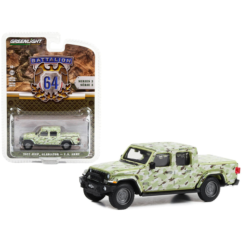 2022 Jeep Gladiator Pickup Truck "U.S. Army" Military-Spec Camouflage "Battalion 64" Series 3 1/64 Diecast Model Car by Greenlight