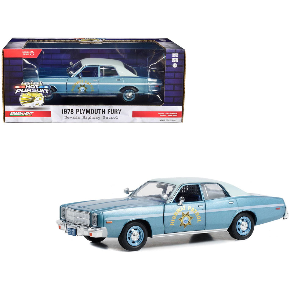 1978 Plymouth Fury Slicktop Blue Metallic with White Top "Nevada Highway Patrol" "Hot Pursuit" Series 1/24 Diecast Model Car by Greenlight