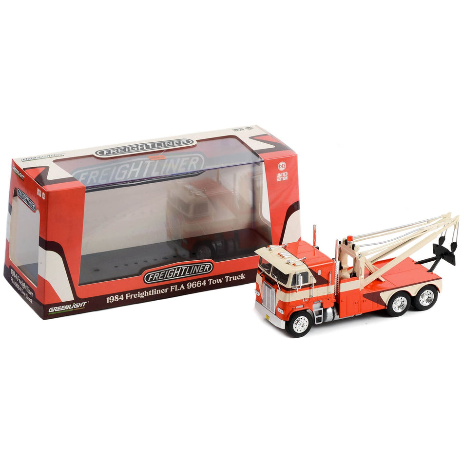 1984 Freightliner FLA 9664 Tow Truck Orange and White with Brown Graphics 1/43 Diecast Model Car by Greenlight