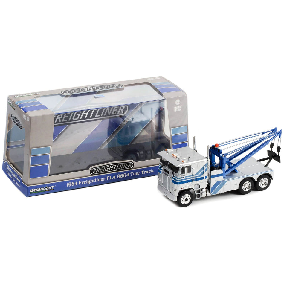 1984 Freightliner FLA 9664 Tow Truck Silver with Blue Stripes 1/43 Diecast Model Car by Greenlight