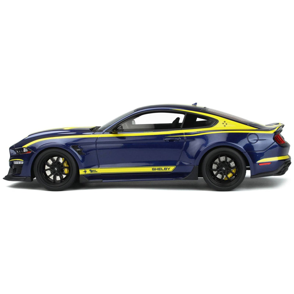 2021 Shelby Mustang Super Snake Coupe Blue Metallic with Yellow Stripes 1/18 Model Car by GT Spirit