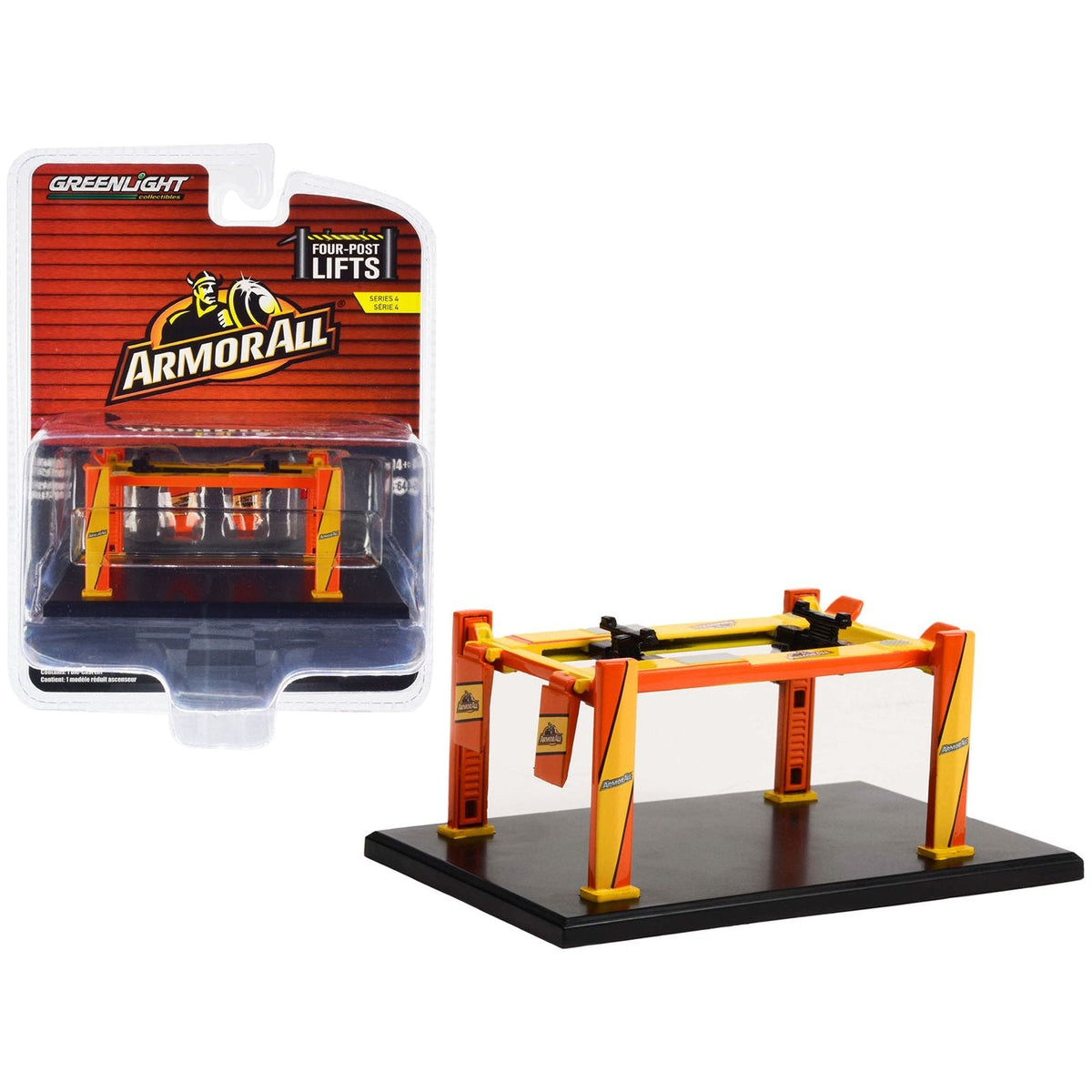 Adjustable Four-Post Lift "ArmorAll" Orange and Yellow "Four-Post Lifts" Series 4 1/64 Diecast Model by Greenlight-Greenlight-ModelCars.com