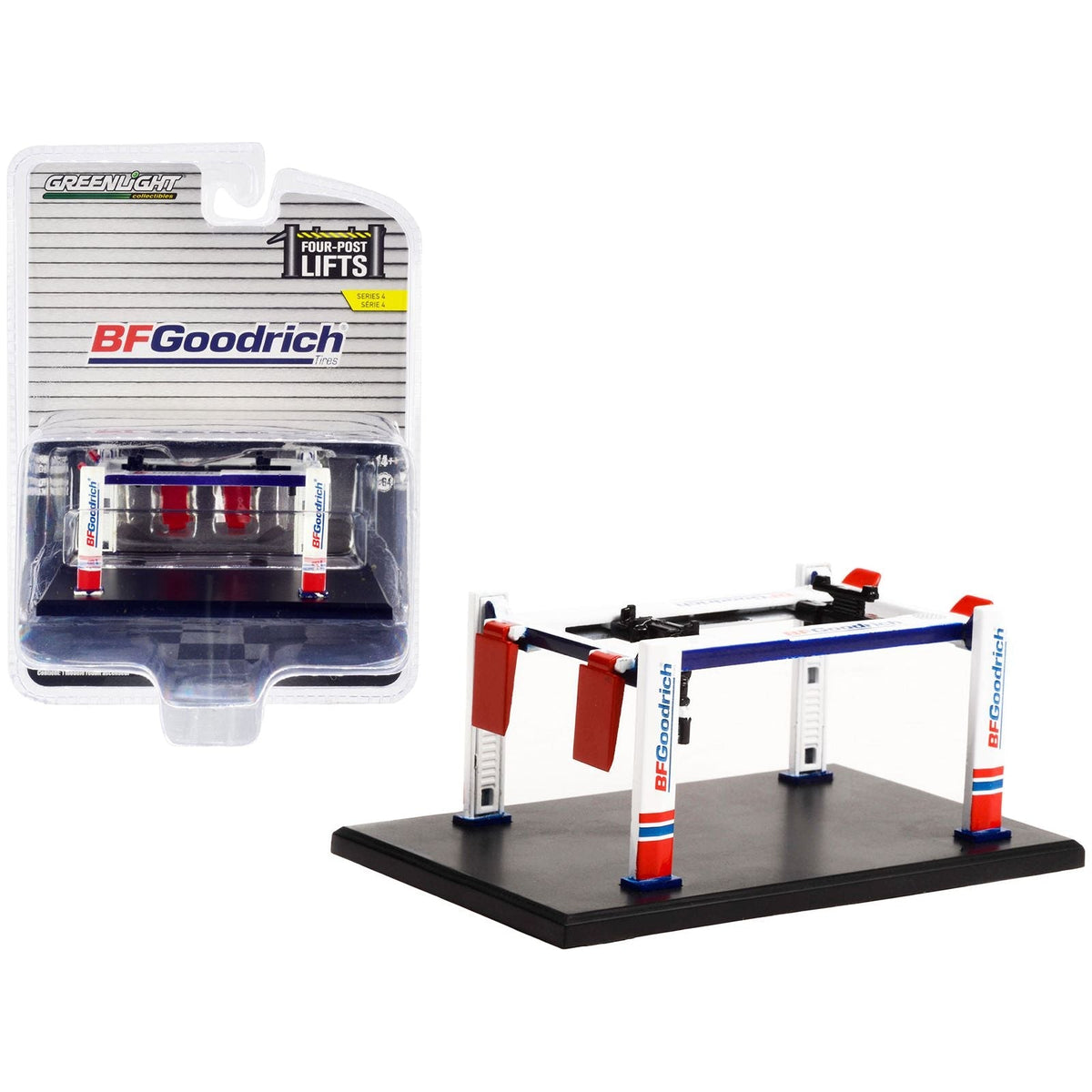 Adjustable Four-Post Lift "BFGoodrich" White and Red "Four-Post Lifts" "Four-Post Lifts" Series 4 1/64 Diecast Model by Greenlight-Greenlight-ModelCars.com