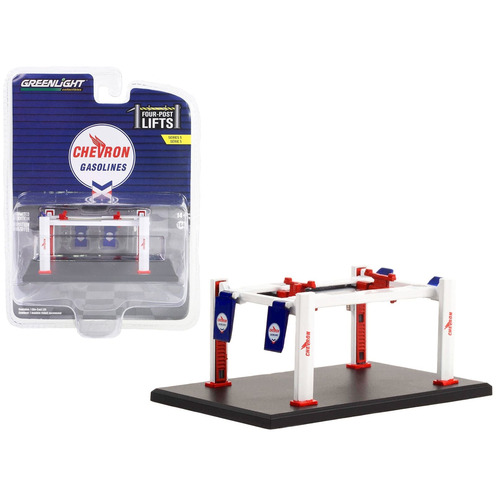 Adjustable Four - Post Lift "Chevron" White and Red "Four - Post Lifts" Series 5 1/64 Diecast Model by Greenlight - Greenlight - ModelCars.com