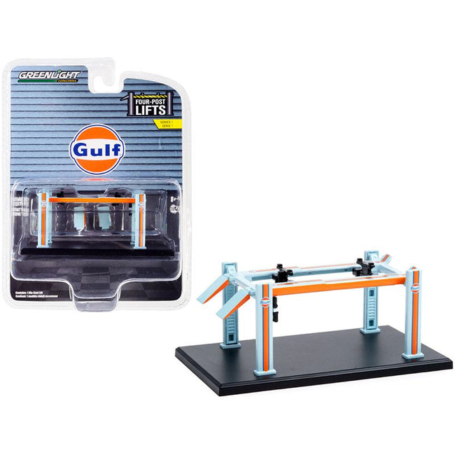 Adjustable Four - Post Lift "Gulf Oil" Light Blue and Orange "Four - Post Lifts" Series 1 1/64 Diecast Model by Greenlight - Greenlight - ModelCars.com
