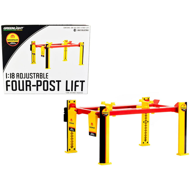 Adjustable Four Post Lift "MOPAR" Black and Yellow for 1/18 Scale Diecast Model Cars by Greenlight - Greenlight - ModelCars.com