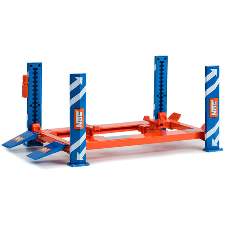 Adjustable Four Post Lift "NOS Nitrous Oxide Systems" Blue and Orange for 1/18 Scale Model Cars by Greenlight - Greenlight - ModelCars.com