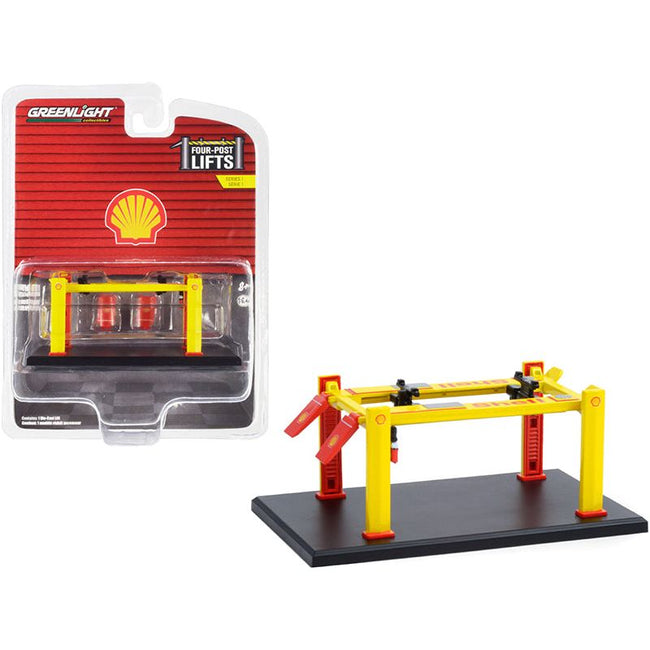 Adjustable Four - Post Lift "Shell Oil" Yellow "Four - Post Lifts" Series 1 1/64 Diecast Model by Greenlight - Greenlight - ModelCars.com