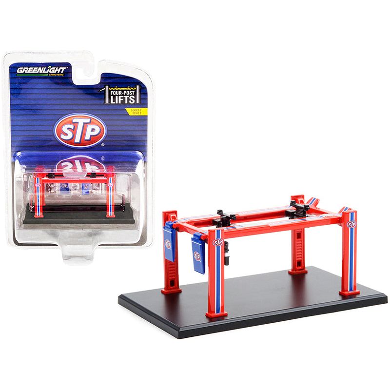 Adjustable Four - Post Lift "STP" Red and Blue "Four - Post Lifts" Series 2 1/64 Diecast Model by Greenlight - Greenlight - ModelCars.com