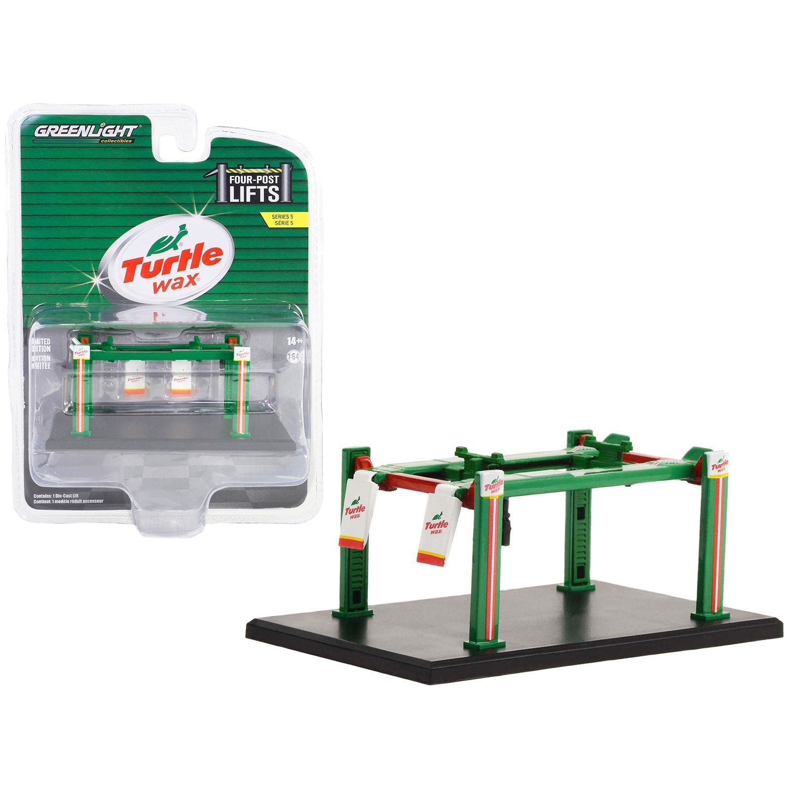 Adjustable Four - Post Lift "Turtle Wax" Green and Red "Four - Post Lifts" Series 5 1/64 Diecast Model by Greenlight - Greenlight - ModelCars.com