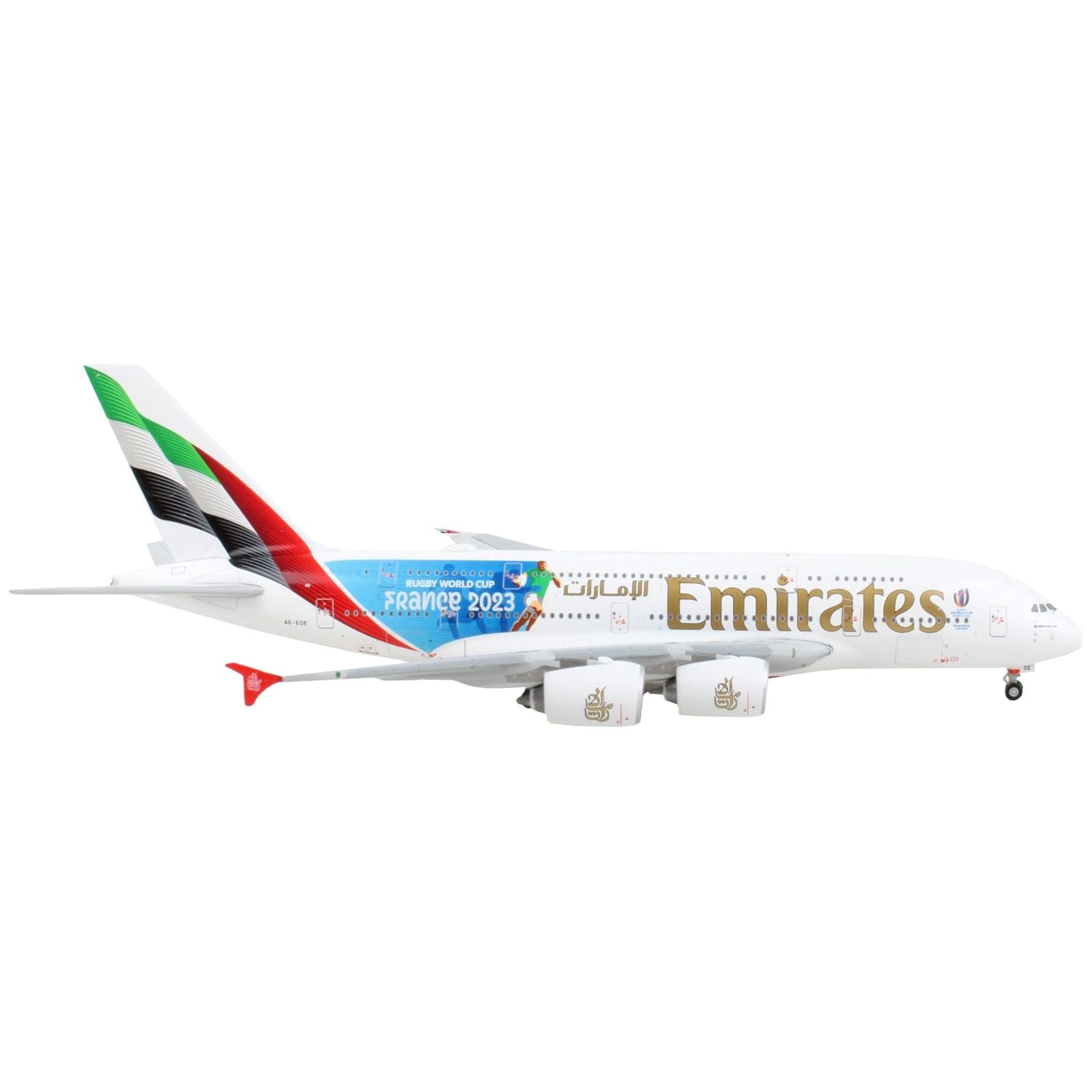 Airbus A380 - 800 Commercial Aircraft "Emirates Airlines - 2023 Rugby World Cup Sponsor" White with Striped Tail 1/400 Diecast Model Airplane by GeminiJets - GeminiJets - ModelCars.com