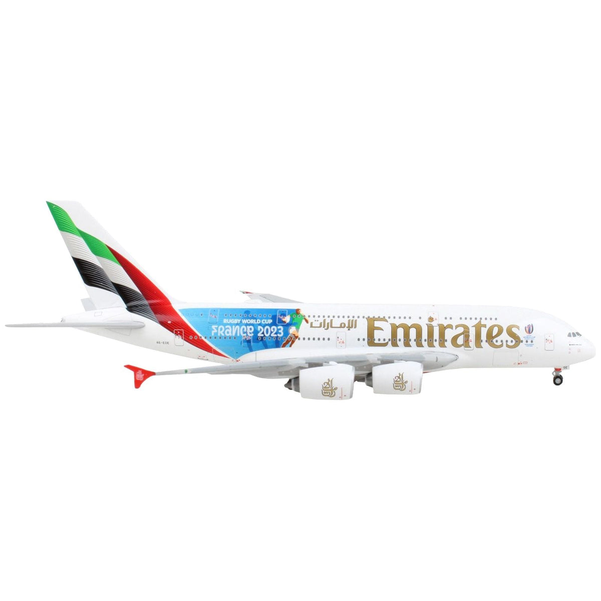 Airbus A380-800 Commercial Aircraft "Emirates Airlines - 2023 Rugby World Cup Sponsor" White with Striped Tail 1/400 Diecast Model Airplane by GeminiJets-GeminiJets-ModelCars.com