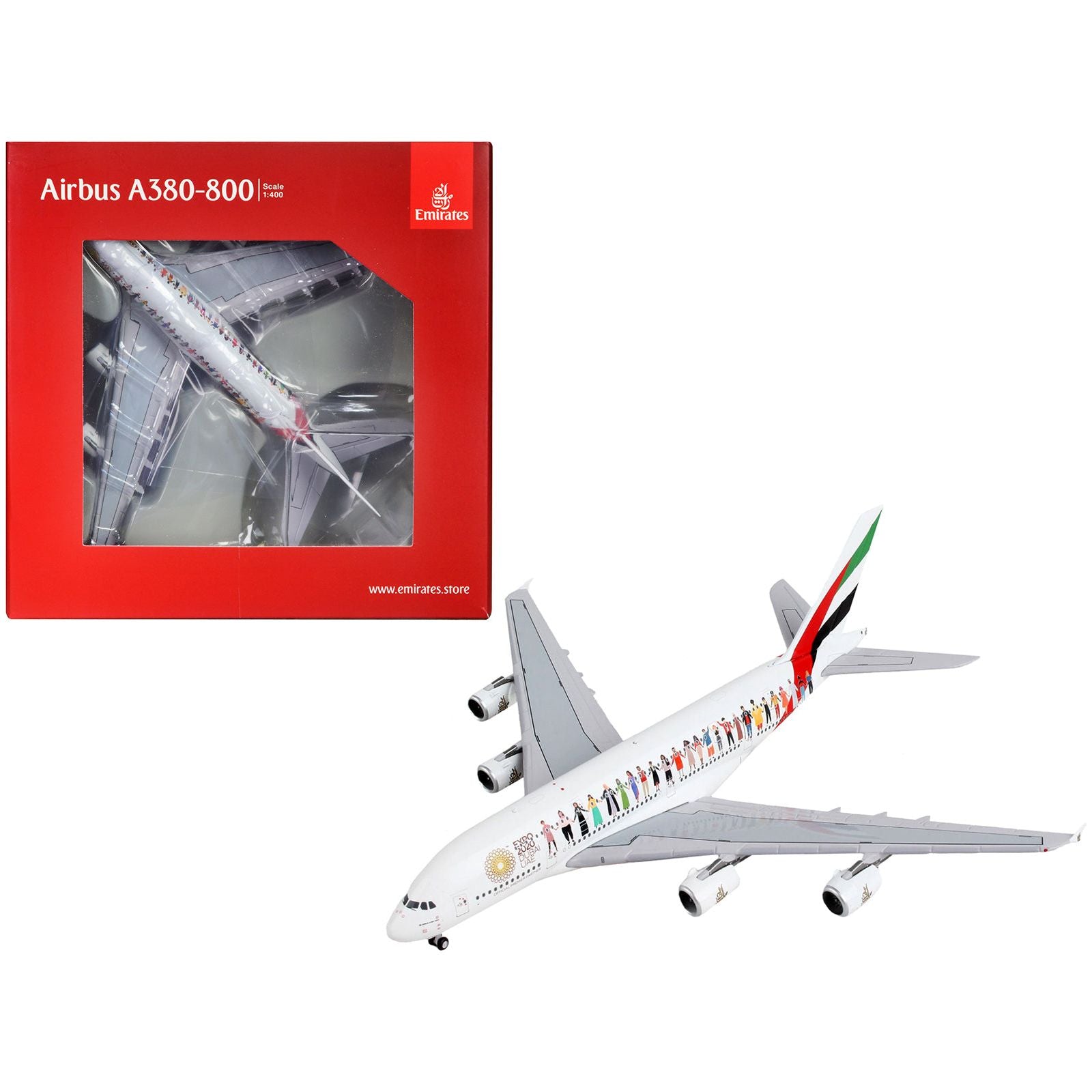 Airbus A380 - 800 Commercial Aircraft "Emirates Airlines - Dubai Expo 2020" White with Graphics 1/400 Diecast Model Airplane by GeminiJets - GeminiJets - ModelCars.com