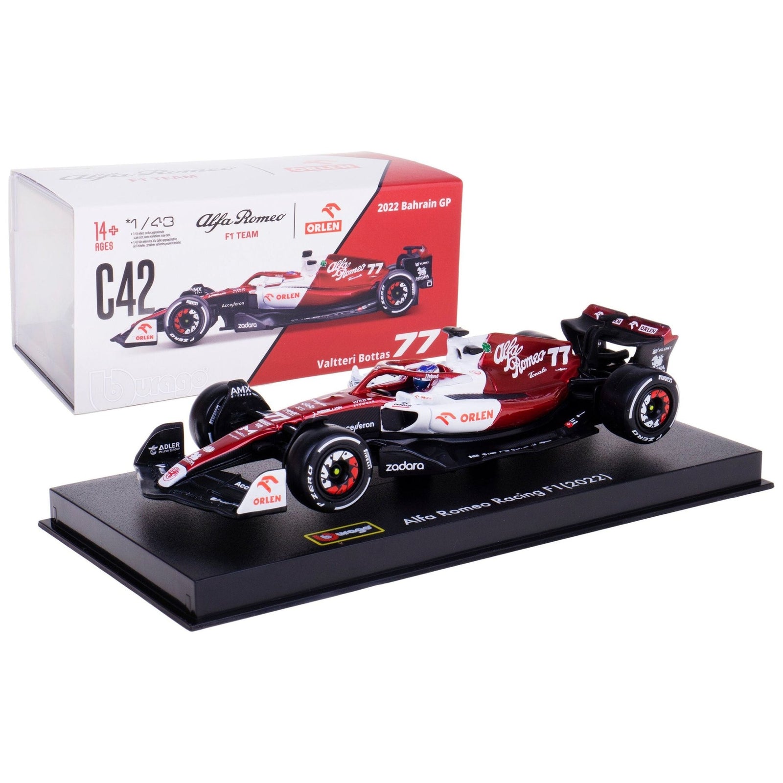 Alfa Romeo C42 77 Valtteri Bottas F1 Formula One "Bahrain Grand Prix" (2022) with Display Case 1/43 Diecast Model Car by Bburago - Bburago - ModelCars.com