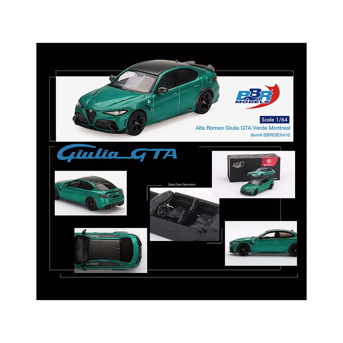 Alfa Romeo Giulia GTA Verde Montreal Green Metallic with Carbon Top 1/64 Diecast Model Car by BBR-BBR-ModelCars.com