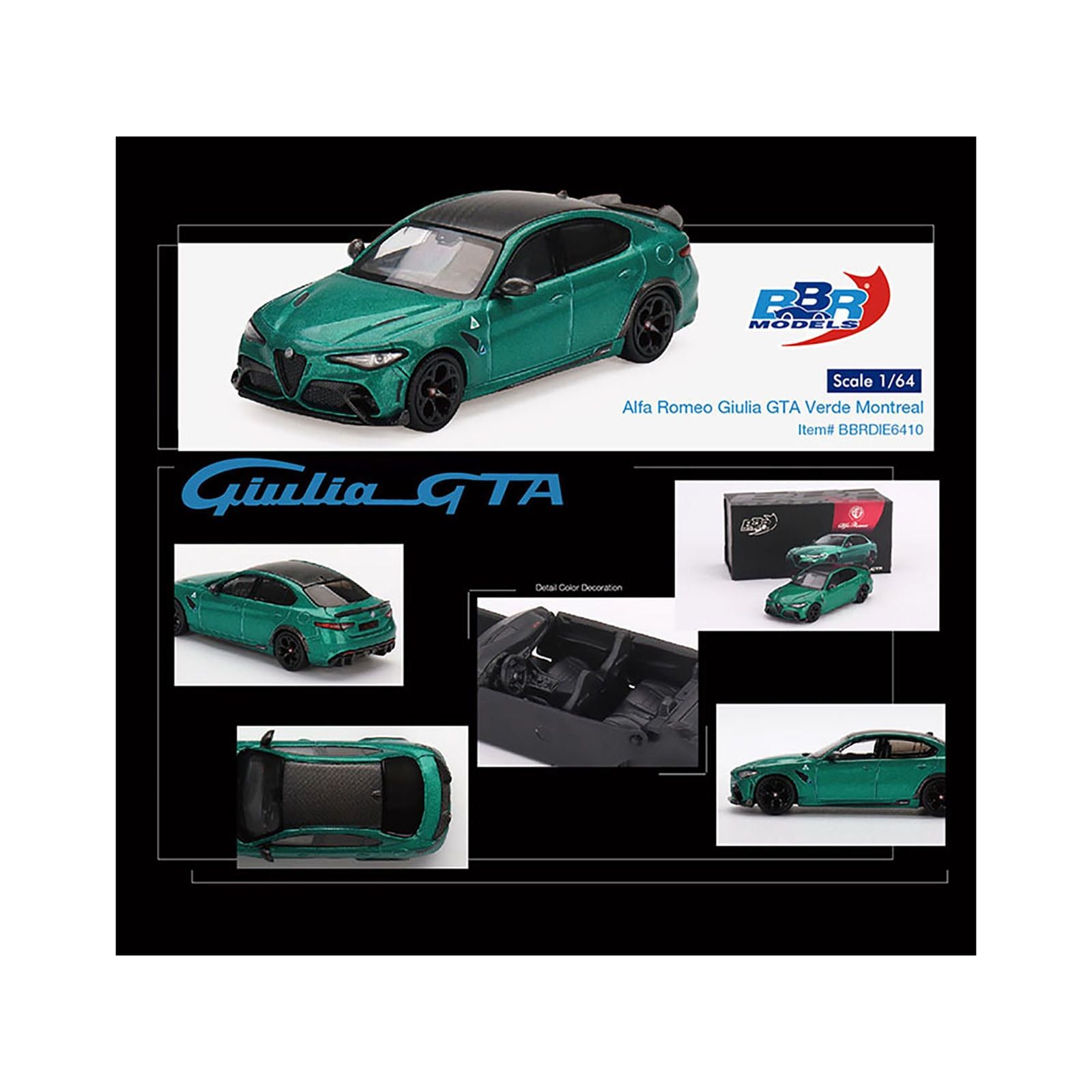 Alfa Romeo Giulia GTA Verde Montreal Green Metallic with Carbon Top 1/64 Diecast Model Car by BBR - BBR - ModelCars.com
