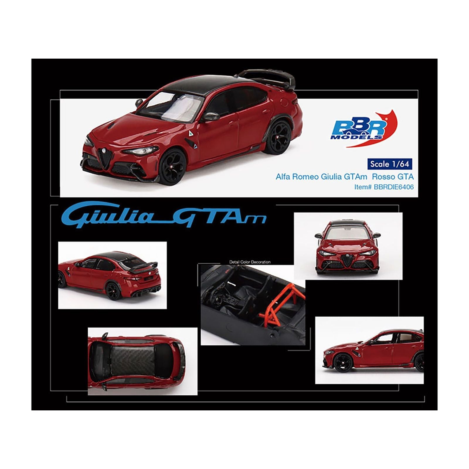 Alfa Romeo Giulia GTAm Rosso GTA Red with Carbon Top 1/64 Diecast Model Car by BBR - BBR - ModelCars.com